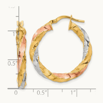 & White Rhodium Polished Twisted Hoop Earrings, 14K with Rose