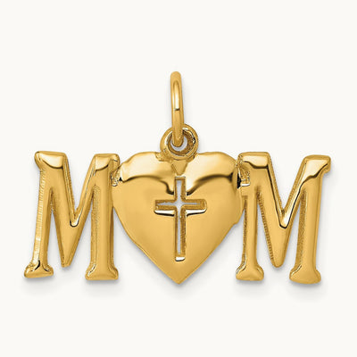 Polished MOM with Cross Charm, 14K