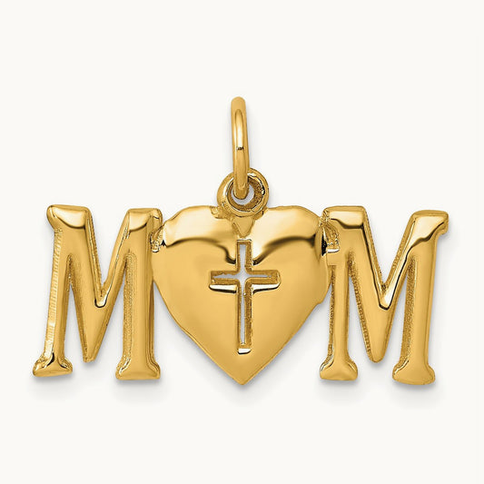 Polished MOM with Cross Charm, 14K