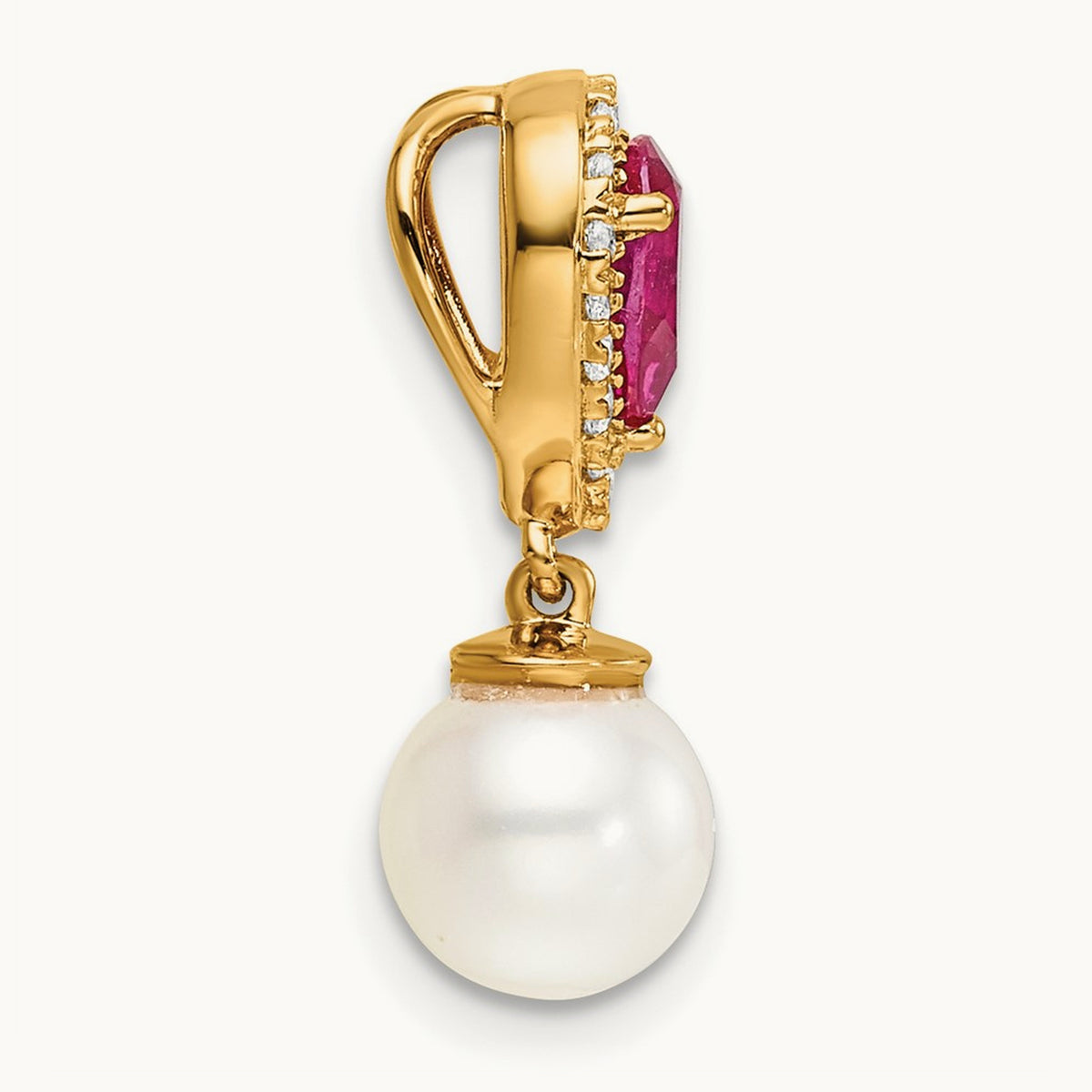 Polished Diamond Pearl and Ruby Teardrop Chain Slide, 14K