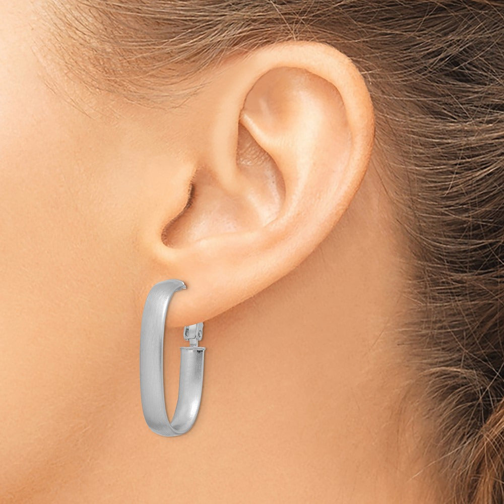 Satin Oval Omega Back Hoop Earrings — 14K White Gold
