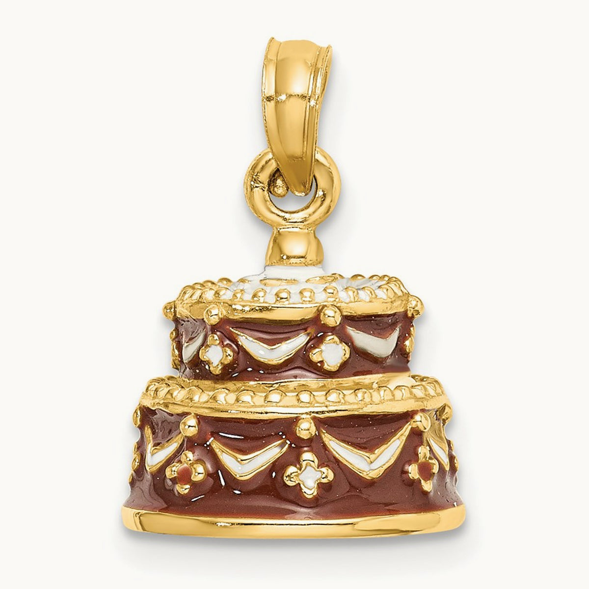 3-D Enameled HAPPY BIRTHDAY Cake w/Brown Frosting Charm, 14K