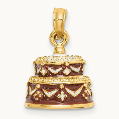 3-D Enameled HAPPY BIRTHDAY Cake w/Brown Frosting Charm, 14K