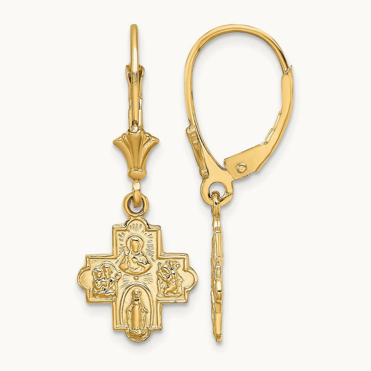 Small 4-Way Medal Cross Leverback Earrings, 14K