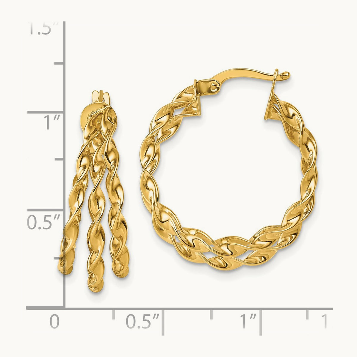 Polished Three Strand Twisted Hoop Earrings, 14K