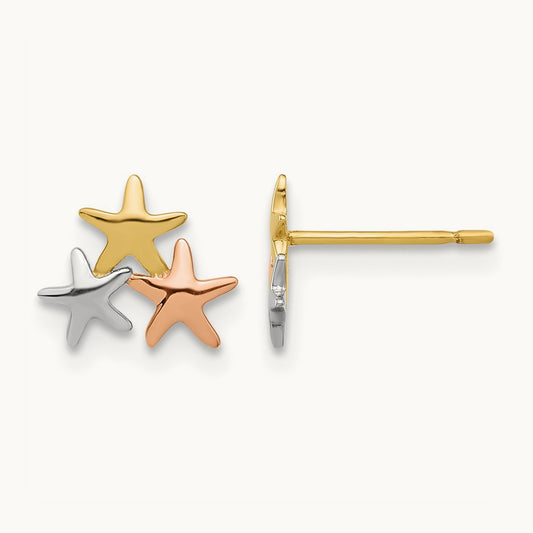Madi K with Rose and White Rhodium Polished Stars Post Earrings, 14K