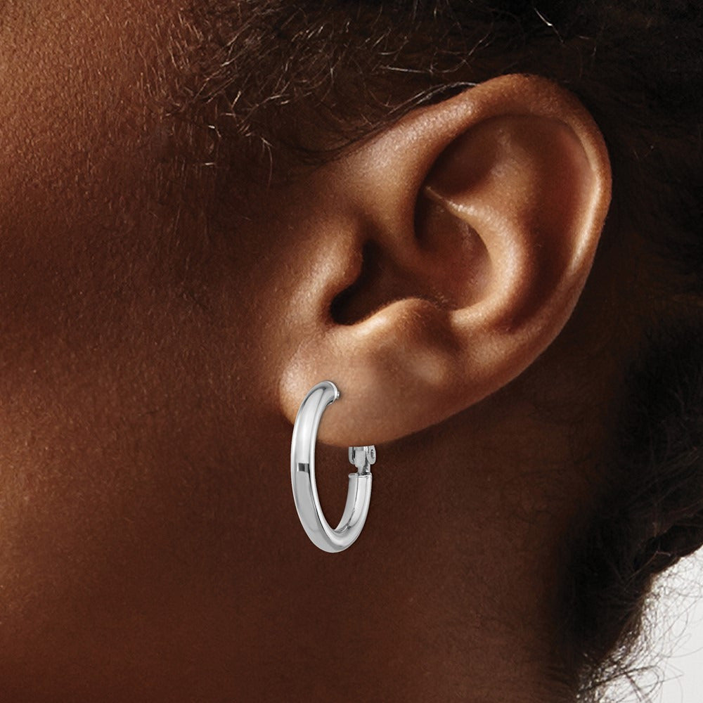 Polished Round Omega Back Hoop Earrings — 14K White Gold, 3x22mm
