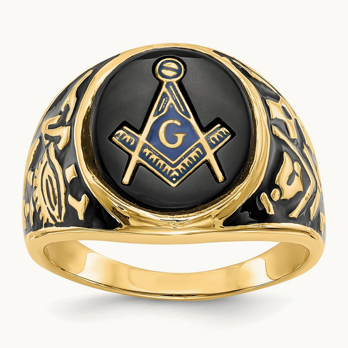 Men's Polished & Textured w/ Epoxy & Onyx Masonic Ring, 14K