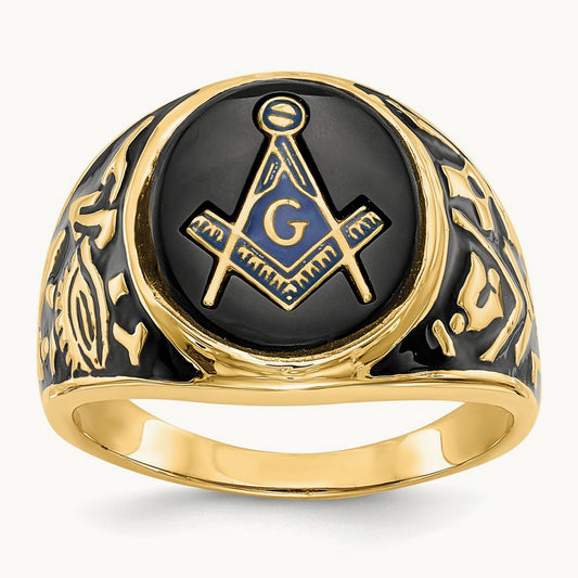 Men's Polished & Textured w/ Epoxy & Onyx Masonic Ring, 14K