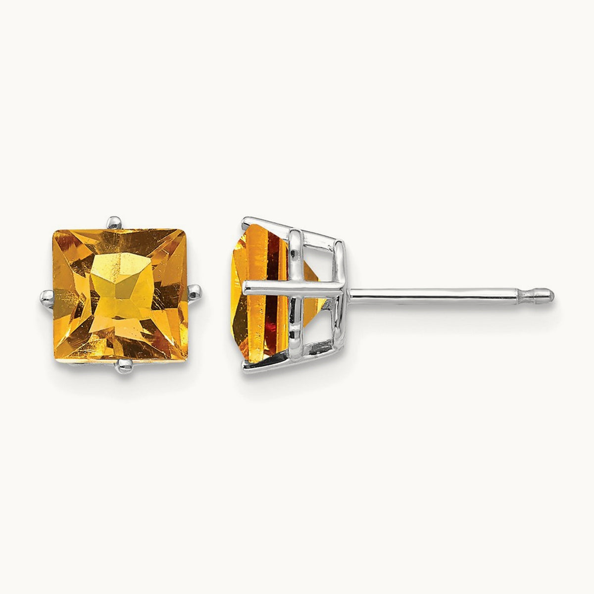 Princess Cut Citrine Earrings, 6mm, 14K White Gold