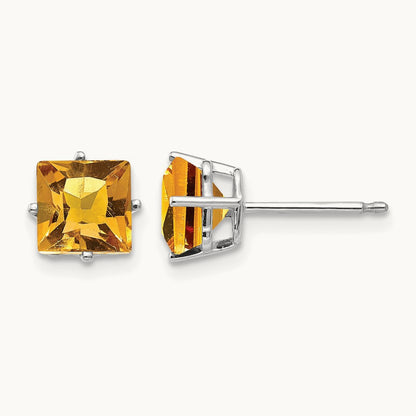 Princess Cut Citrine Earrings, 6mm, 14K White Gold