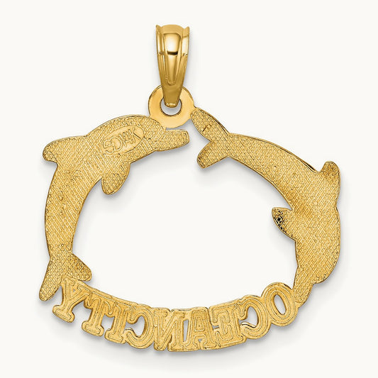Polished OCEAN CITY w/ Jumping Dolphins Charm, 14K