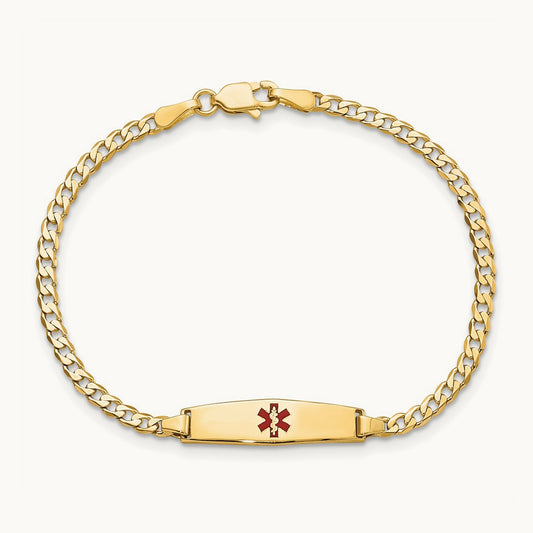 Medical Soft Diamond Shape Red Enamel Curb ID Bracelet, 14K