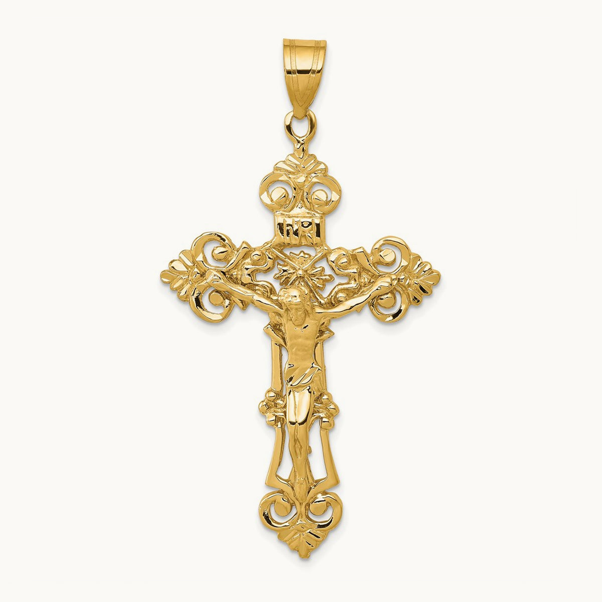 INRI Fleur De Lis Crucifix Pendant — 14K Yellow Gold, 57mm