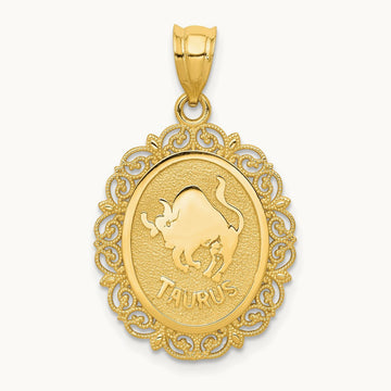 Solid Satin Polished Taurus Zodiac Oval Pendant, 14K