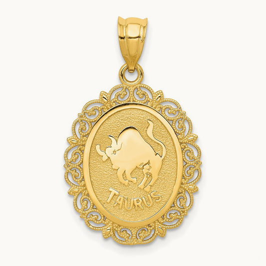 Solid Satin Polished Taurus Zodiac Oval Pendant, 14K