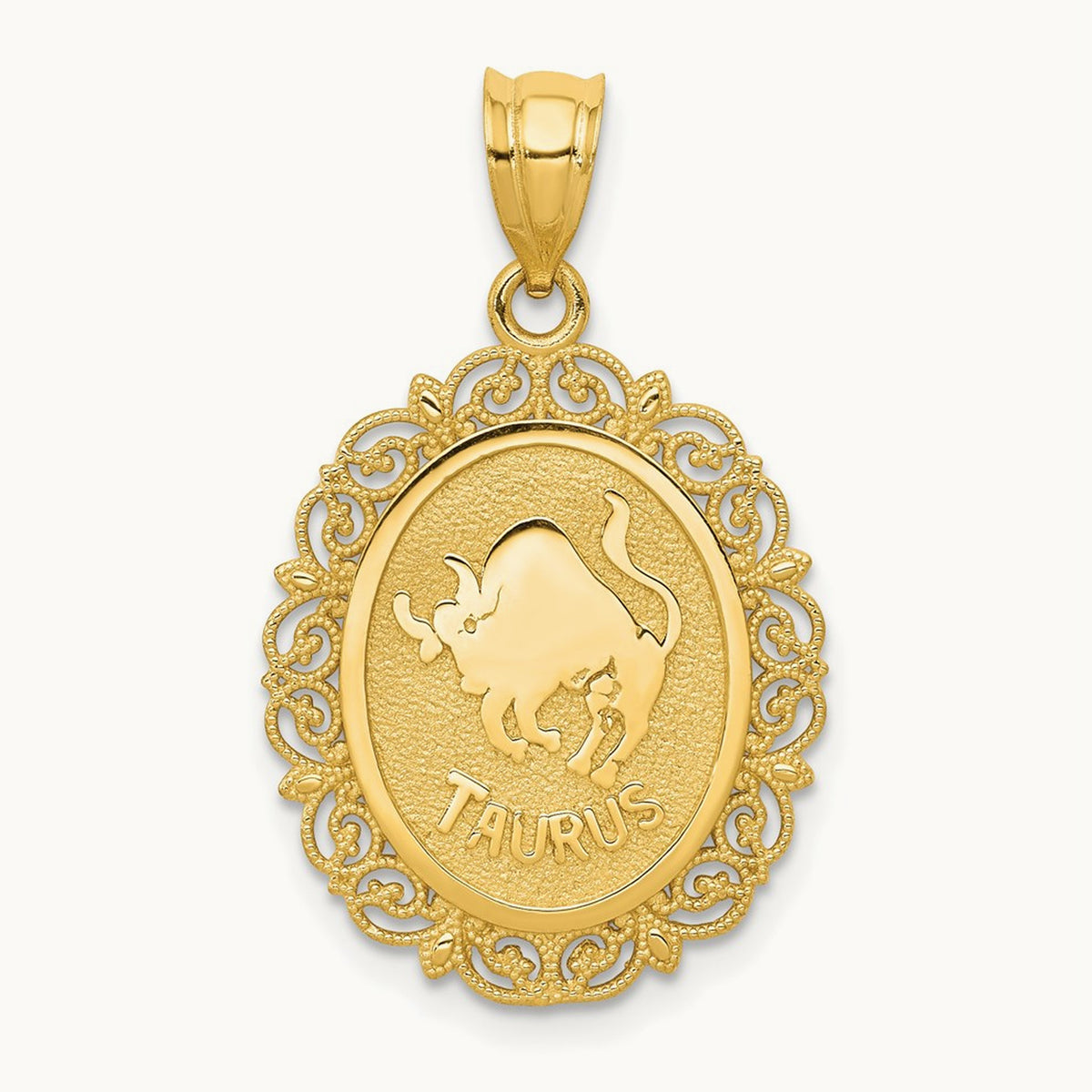 Solid Satin Polished Taurus Zodiac Oval Pendant, 14K