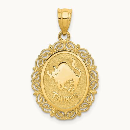 Solid Satin Polished Taurus Zodiac Oval Pendant, 14K