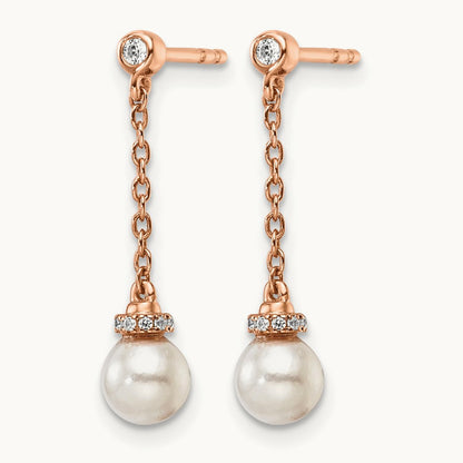 Polished Diamond and Pearl Chain Dangle Post Earrings, 14K Rose Gold