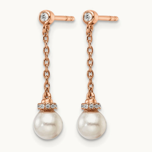 Polished Diamond and Pearl Chain Dangle Post Earrings, 14K Rose Gold