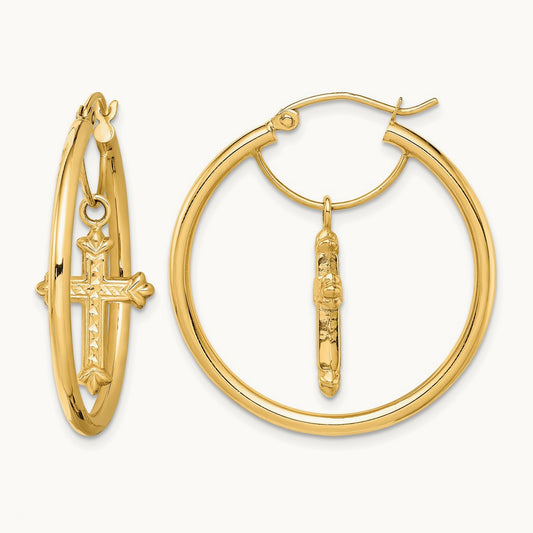 14K with D/C Cross Dangle Hoop Earrings