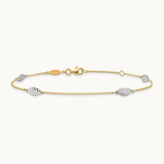 Diamond-cut Polished Leaf 9in Plus 1in ext. Anklet, 14K Two-tone