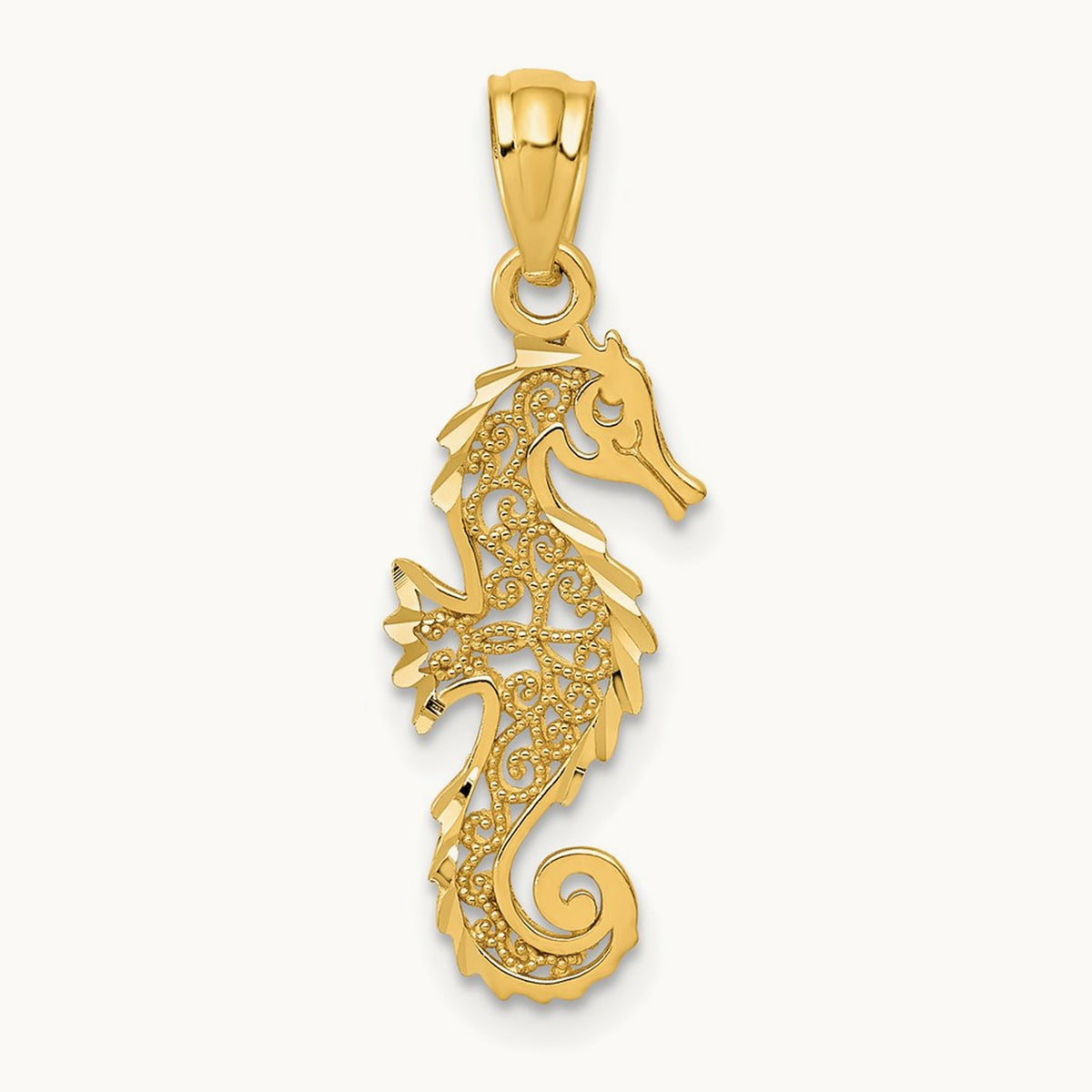 Polished Filigree Seahorse Pendant, 14K Gold