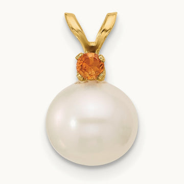Citrine 8- White Round FWC Pearl Pendant, 8.5mm, 14K