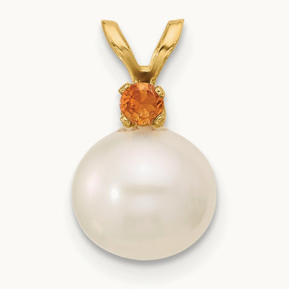 Citrine 8- White Round FWC Pearl Pendant, 8.5mm, 14K