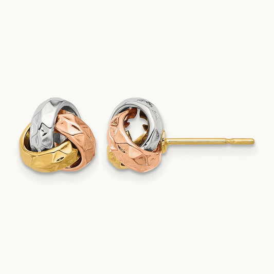 Tri-color Polished and Textured Love Knot Post Earrings — 10K Tri-Tone Gold