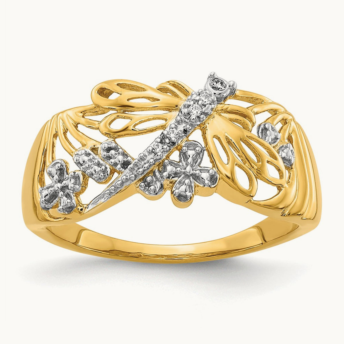 Rhodium Diamond Dragonfly Ring, 14K