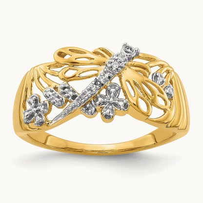 Rhodium Diamond Dragonfly Ring, 14K