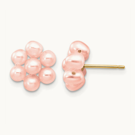 3- Pink Egg Freshwater Cultured Pearl Flower Earrings, 4mm, 14K