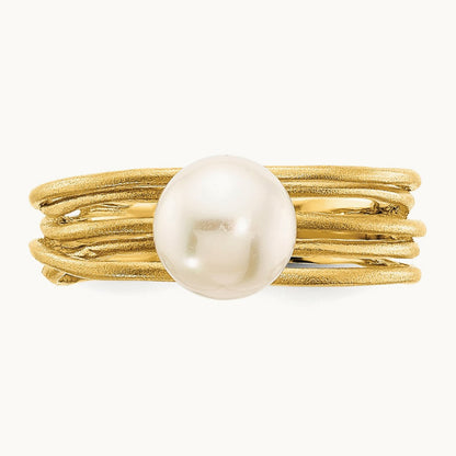 7- Round White Freshwater Cultured Pearl Brushed Ring, 8mm, 14K