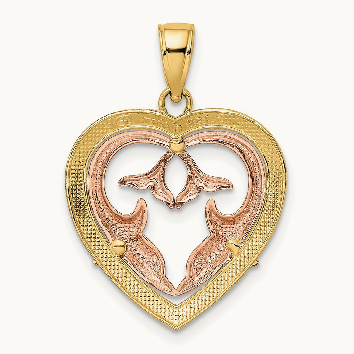 w/White Rhodium Dolphins In Heart Frame Charm, 14K Two-tone