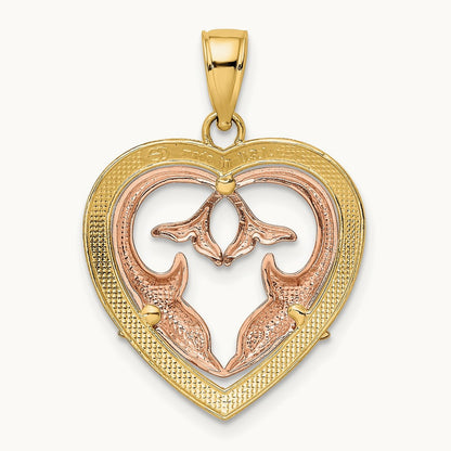 w/White Rhodium Dolphins In Heart Frame Charm, 14K Two-tone