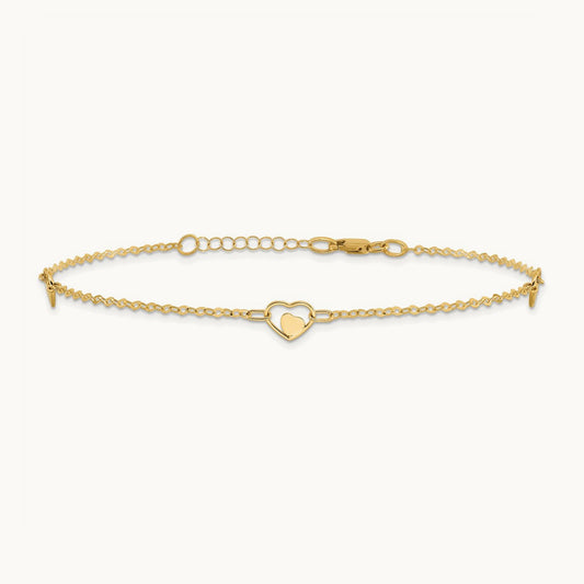 Polished Heart 9in Plus 1in ext Anklet, 14K