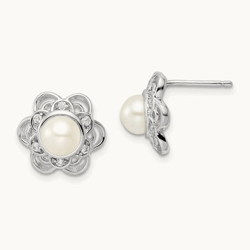 Cheryl M Rhod-pltd Freshwater Cultured Pearl & CZ Floral Post Earrings