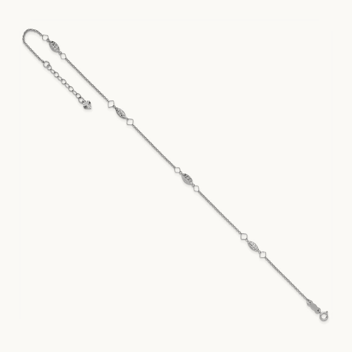 Diamond-cut Puffed Beads 9in Plus1in Ext Anklet, 14K White Gold