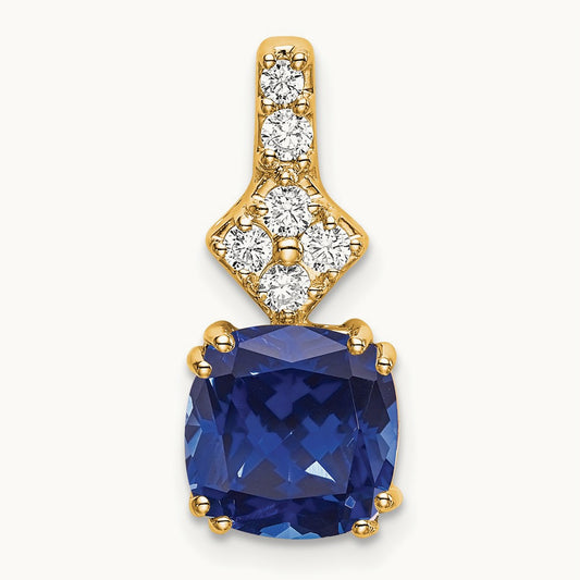 Created Blue Sapphire Pendant, 0.20 ct tw Lab-Grown Diamond — 14K Yellow Gold