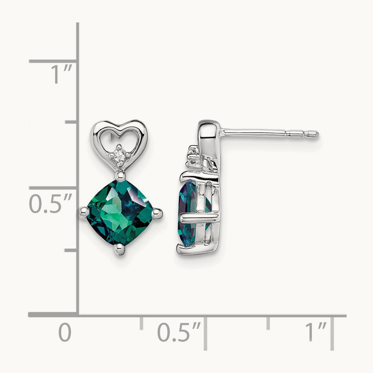 Created Alexandrite and Diamond Heart Earrings, 14K White Gold