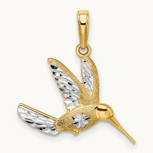 w/Rhodium Diamond-cut Humming Bird Pendant, 14K