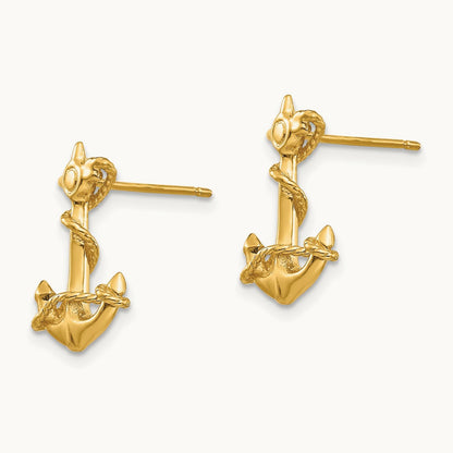 3-D Anchor with Rope Post Earrings, 14K