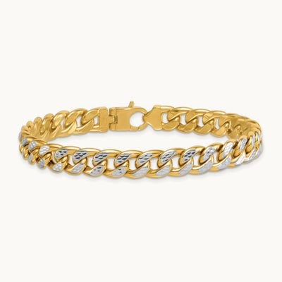 w/White Rhodium Pave Flat Curb Chain Men's Bracelet, 8.5mm, 14K