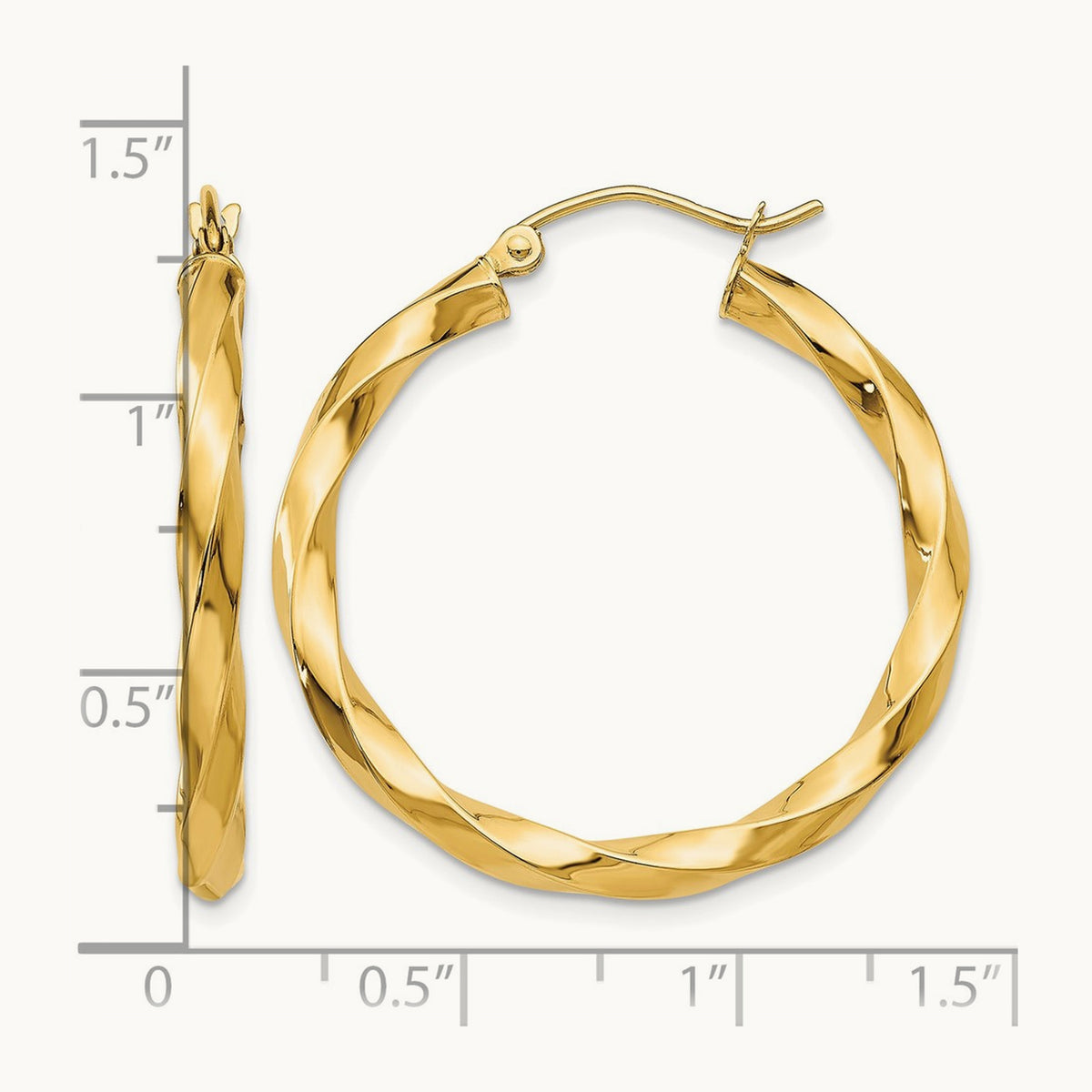 Square Tube Twisted Hoop Earrings — 14K Yellow Gold, 30mm, 3mm