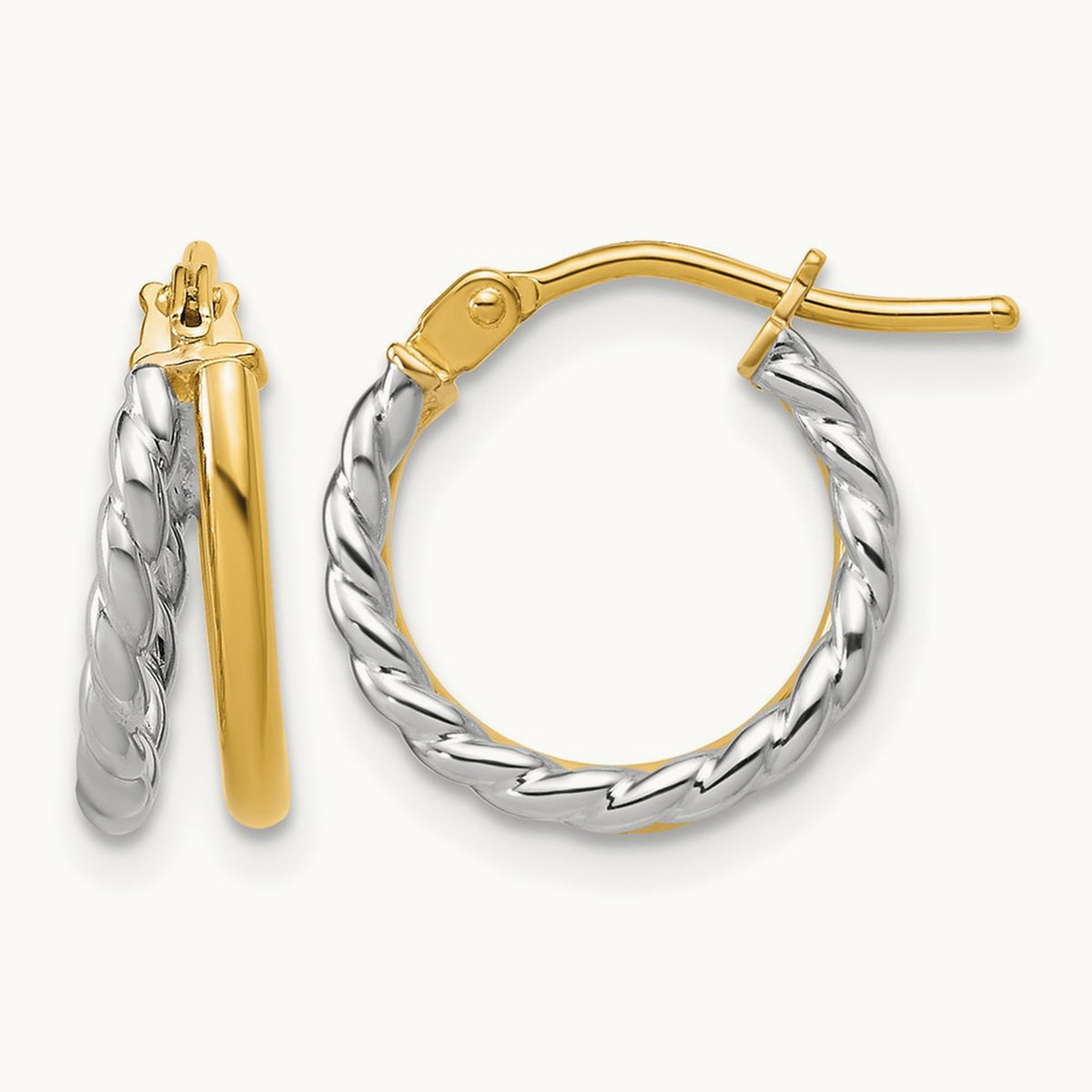 Polished and Twisted 2-row J-Hoop Earrings — 14K Two-Tone Gold