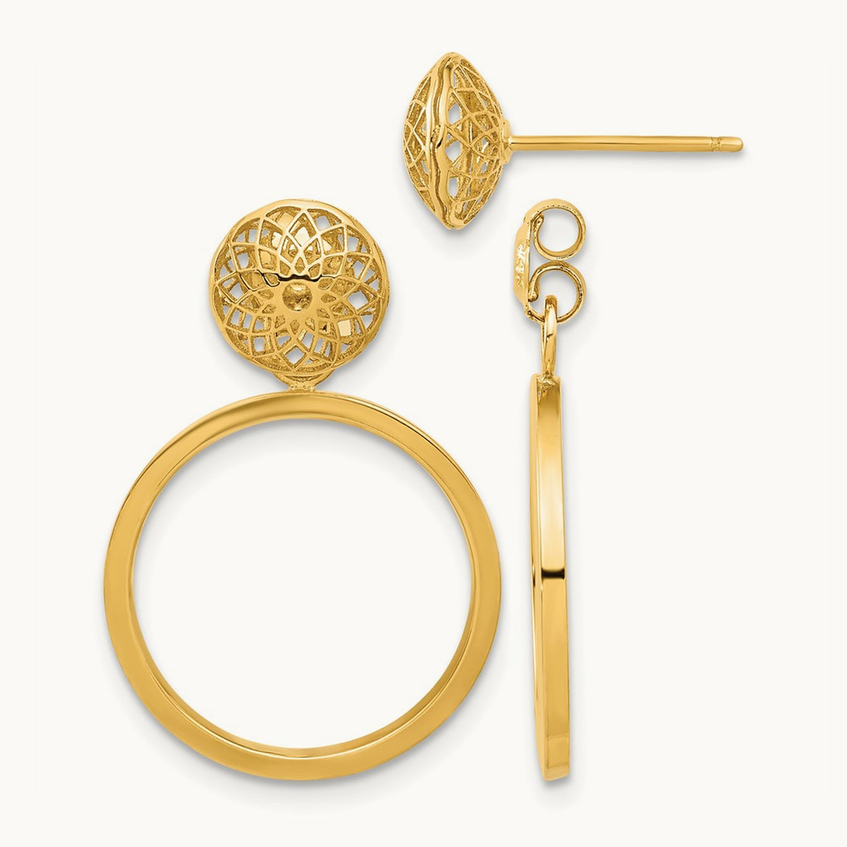 Polished Cut Out Hollow Dangle Circle Post Earrings, 14K
