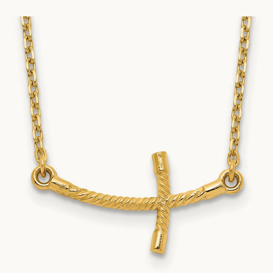 Small Sideways Curved Twist Cross Necklace — 14K Yellow Gold