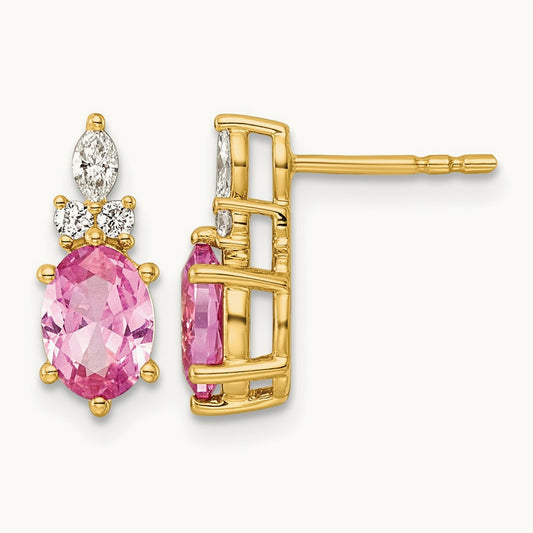 Diamond and Lab Created Pink Sapphire Post Earrings, 14K