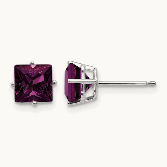 Rhodolite Garnet Princess Stud Earrings, 6mm, 14K White Gold